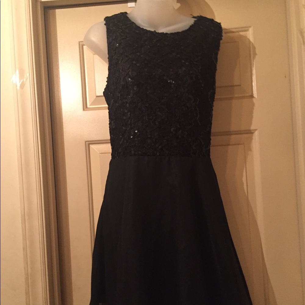 Black sequin bodice party dress.